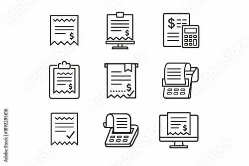 Set of nine invoice and receipt line icons with calculators and screens