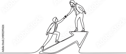Single continuous line drawing businesswoman helps colleague climb arrow symbol. Teamwork to raise better level together. Best partner ever. one line Icon drawing