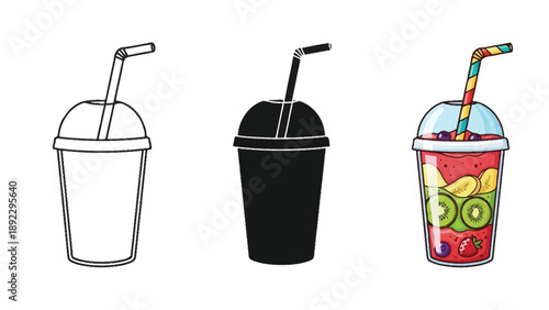 Set of three smoothie or milkshake drinks with straws outline, silhouette and full color illustration