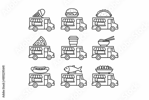 Food trucks featuring diverse cuisine: ice cream, burgers, tacos, and more in line art