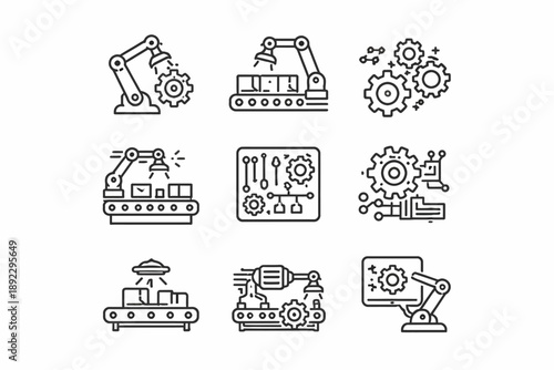 Industrial automation icons: robotics and machinery line art illustrations