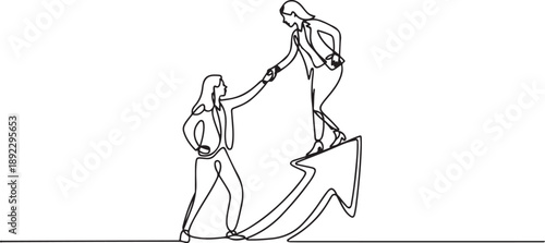 Single continuous line drawing businesswoman helps colleague climb arrow symbol. Teamwork to raise better level together. Best partner ever. one line Icon drawing
