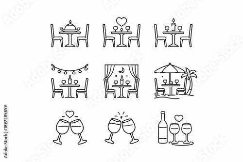 Romantic dinner outlines: candlelit tables, glasses, and ambient settings