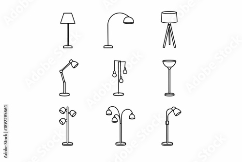 Collection of various floor lamp icon designs in black and white