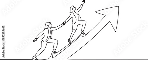Single continuous line drawing businesswoman helps colleague climb arrow symbol. Teamwork to raise better level together. Best partner ever. one line Icon drawing