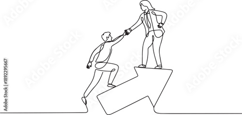 Single continuous line drawing businesswoman helps colleague climb arrow symbol. Teamwork to raise better level together. Best partner ever. one line Icon drawing