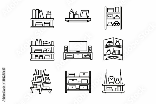 Set of nine black and white bookshelf icons