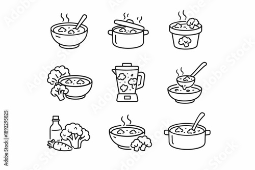 Collection of soup icons: bowls, pots, and ingredients in line art style