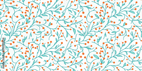 A serene pattern of intertwining branches and orange berries on a clean background viewed from directly above