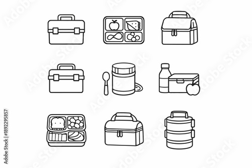 Icon set of lunchboxes, containers, and bags in simplistic line art style