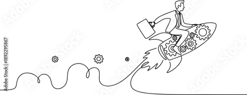 Continuous one line drawing of businessman riding gear rocket flying in the sky. Mechanisms look for problem solution. Brainstorm search for answer. one line Icon drawing