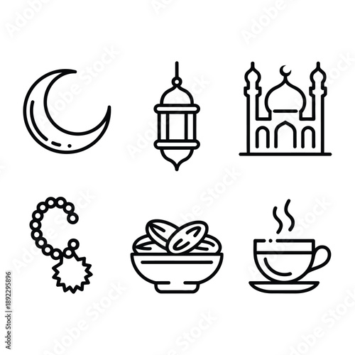 Icons of Ramadan Celebration: A collection of meticulously designed icons evokes the essence of Ramadan, featuring a crescent moon, lantern, mosque, prayer beads, dates in a bowl, and a cup of tea.