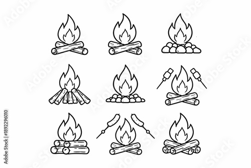 Set of campfire icon designs with logs and roasting sticks