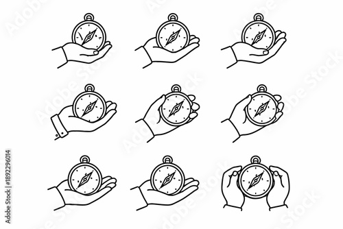 Illustration of multiple hands holding compasses in various positions