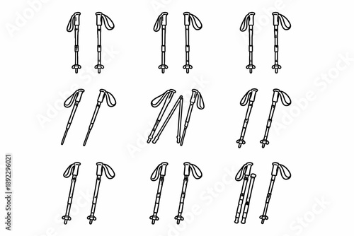 Black and white hiking poles: foldable and adjustable trekking equipment icon set