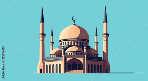 Mosque with Domes and Minarets Illustration.