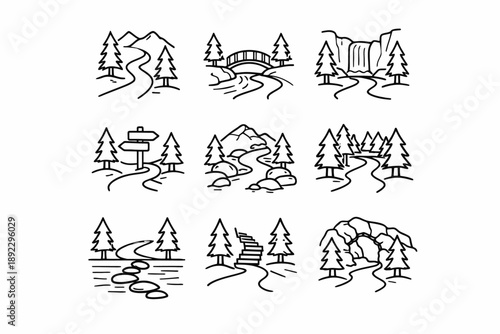 Nine scenic black and white landscape drawings featuring forests, rivers, and mountains