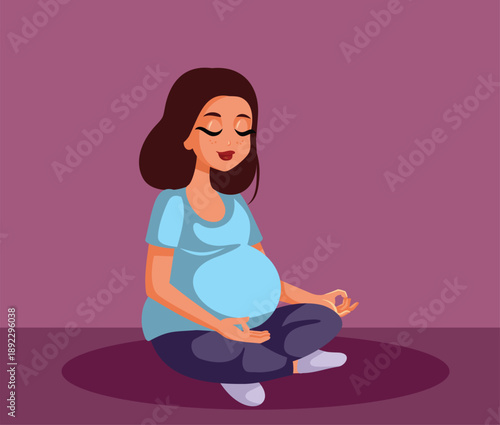 Pregnant Woman Relaxes in Lotus Pose Vector Illustration. Happy cheerful mother to be relaxing and having a peaceful meditation moment 