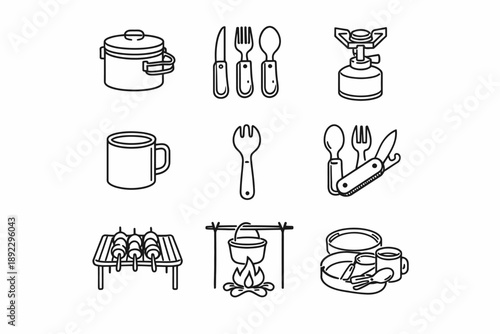 Camping gear line icons set: cookware, cutlery, stove, campfire, grill, mug, multi-tool