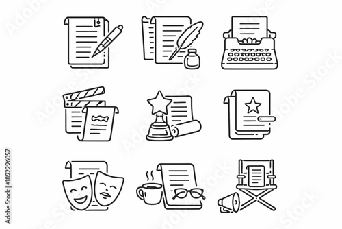 Creative writing and filmmaking icons featuring scripts, typewriter, and director's chair