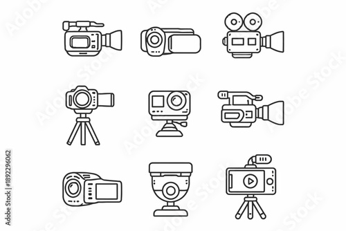 Set of various camera icons: video, digital, and action camera line art
