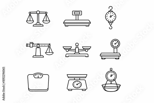 Collection of various scale icons in black and white line art style