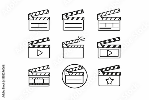 Set of minimalist clapperboard icons for movie and video production