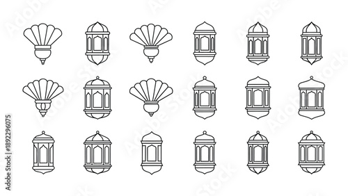 Islamic Lanterns: Decorative Islamic lanterns stand elegantly, their delicate forms displayed in an intricate arrangement, evoking a sense of tranquility and cultural celebration.