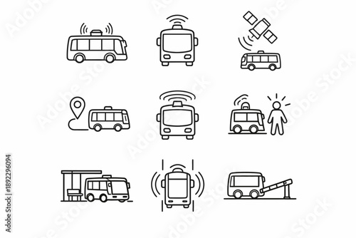 Autonomous buses and smart transportation icons set