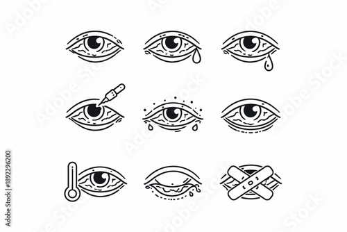 Red eyes symptoms and treatment icons: irritation, tears, redness, relief