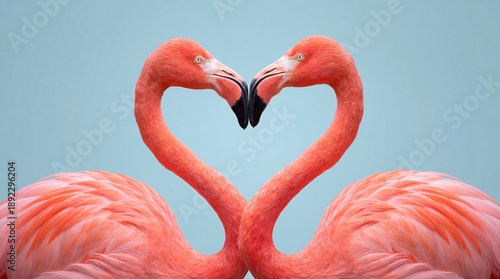 Two pink flamingos making a heart shape with their long necks and beaks touching isolated on blue background