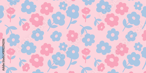 A vibrant floral pattern featuring blue and pink flowers on a soft pastel background from a top-down viewpoint