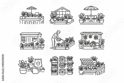 Urban gardening concepts with plants, greenhouses, and tools