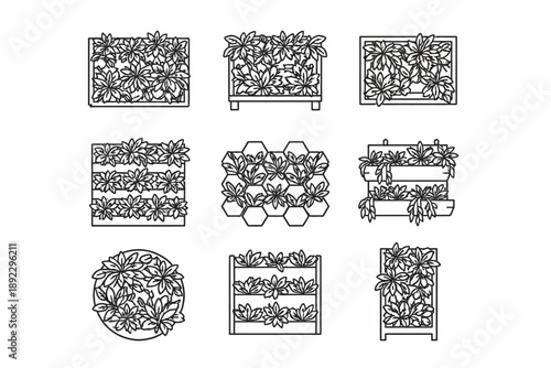 Various vertical garden designs with lush foliage in geometric shapes