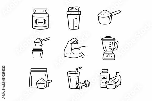 Fitness nutrition and equipment icons including protein, blender, and shaker