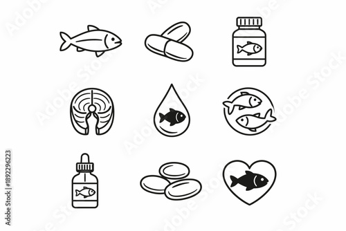 Black and white fish oil icons set featuring capsules and bottles