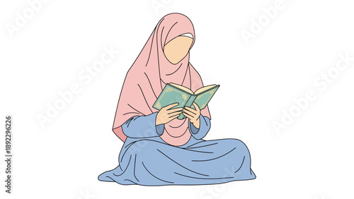 Tranquil Moment of Reflection: A serene illustration depicts a woman in a hijab, absorbed in reading a book, symbolizing quiet contemplation and intellectual pursuit.