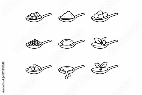 Variety of sugar types on spoons: illustrated icons of granulated, cubes, brown, and liquid sugar