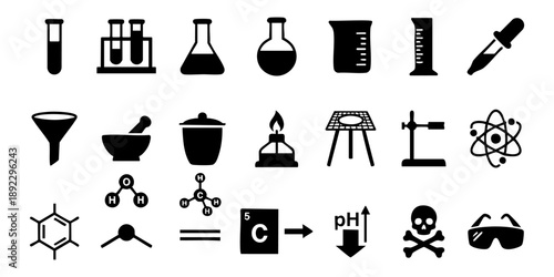 Collection of Laboratory Equipment and Chemistry Symbols in a Simple Icon Set