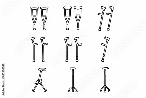 Variety of crutches and canes: mobility aids in line art illustration