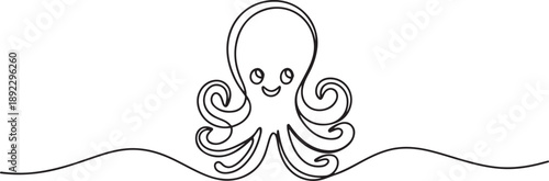 One single line drawing of scary octopus for business logo identity. Funny cute tentacle animal emblem mascot concept for company icon. one line Icon drawing