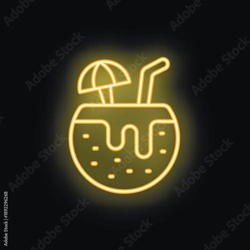 Yellow neon sign representing a coconut cocktail with a straw and an umbrella, on a black background