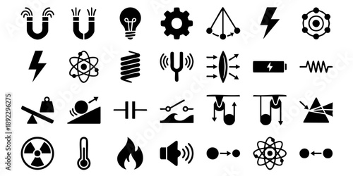 Collection of black icons representing various science and technology concepts displayed on a clean white background