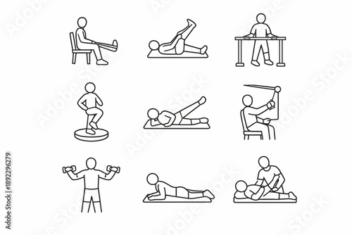 Stick figure exercise icons: diverse fitness activities illustrated in simple line art