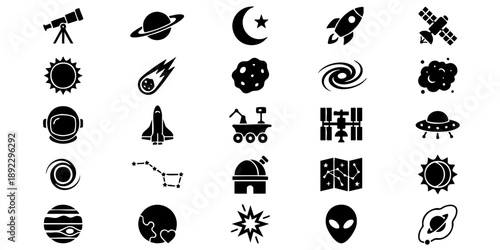 Collection of astronomy and science fiction icons representing space exploration and futuristic technology