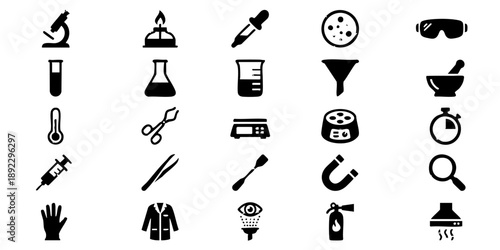 Collection of black icons representing various scientific and laboratory tools displayed on a clean white background from a straightforward viewpoint
