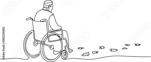 Continuous one line drawing back side of lonely old Arab man sitting on wheelchair, looking at distant dry autumn leaves in outside. Lonely, forlorn, desolate. one line Icon drawing