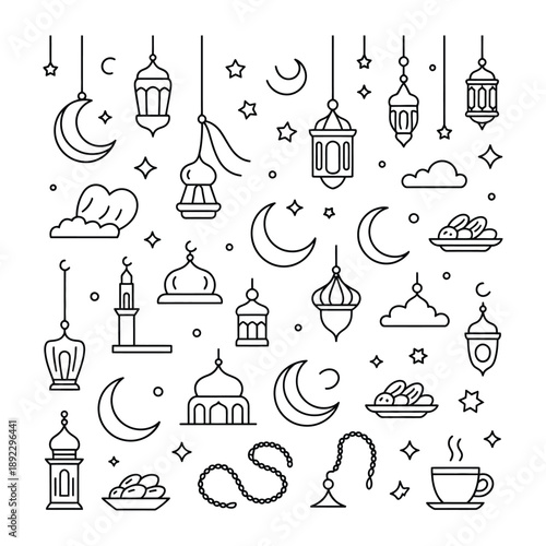 Ramadan Delights: An intricate illustration of traditional elements. This artwork encapsulates the spirit of Ramadan, showcasing key cultural symbols in a clean, contemporary design.