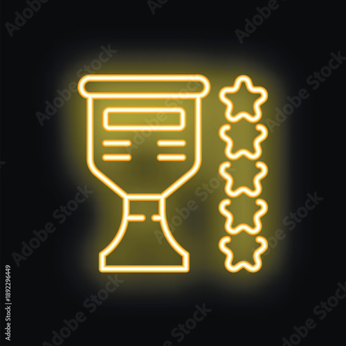 Neon glowing yellow trophy cup standing next to five stars on black background