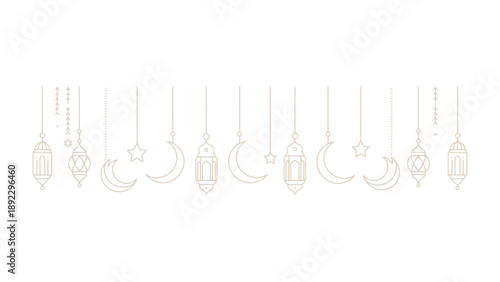 Ramadan Lanterns and Crescent: Delicate lanterns and crescent moons are suspended, forming a graceful line, hinting at the start of Ramadan.